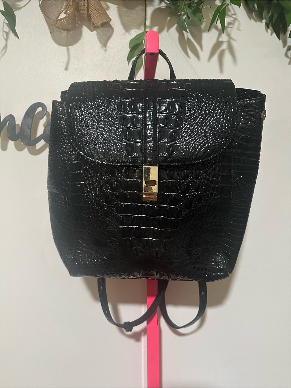 Brahmin Black Croc-Embossed Leather Backpack with Gold Lock